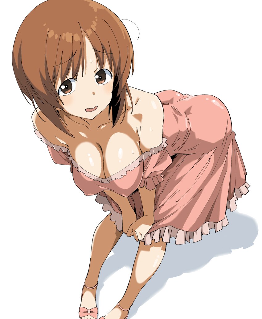 1girl bare shoulders bent over blush breasts brown eyes brown hair cleavage commentary request covered nipples dress girls und panzer henyaan (oreizm…