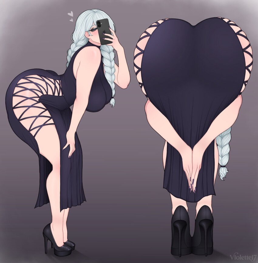 1girl absurdres amen pose (meme) artist name ass ass focus black dress black shoes braid braided bangs braided ponytail breasts brown background cell…