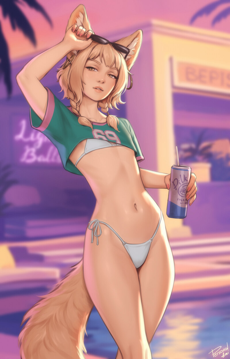 1girl 69 (meme) animal ear earrings animal ear fluff animal ears arm up artist name bare arms bare legs bepis (meme) bikini bikini top under shirt bi…
