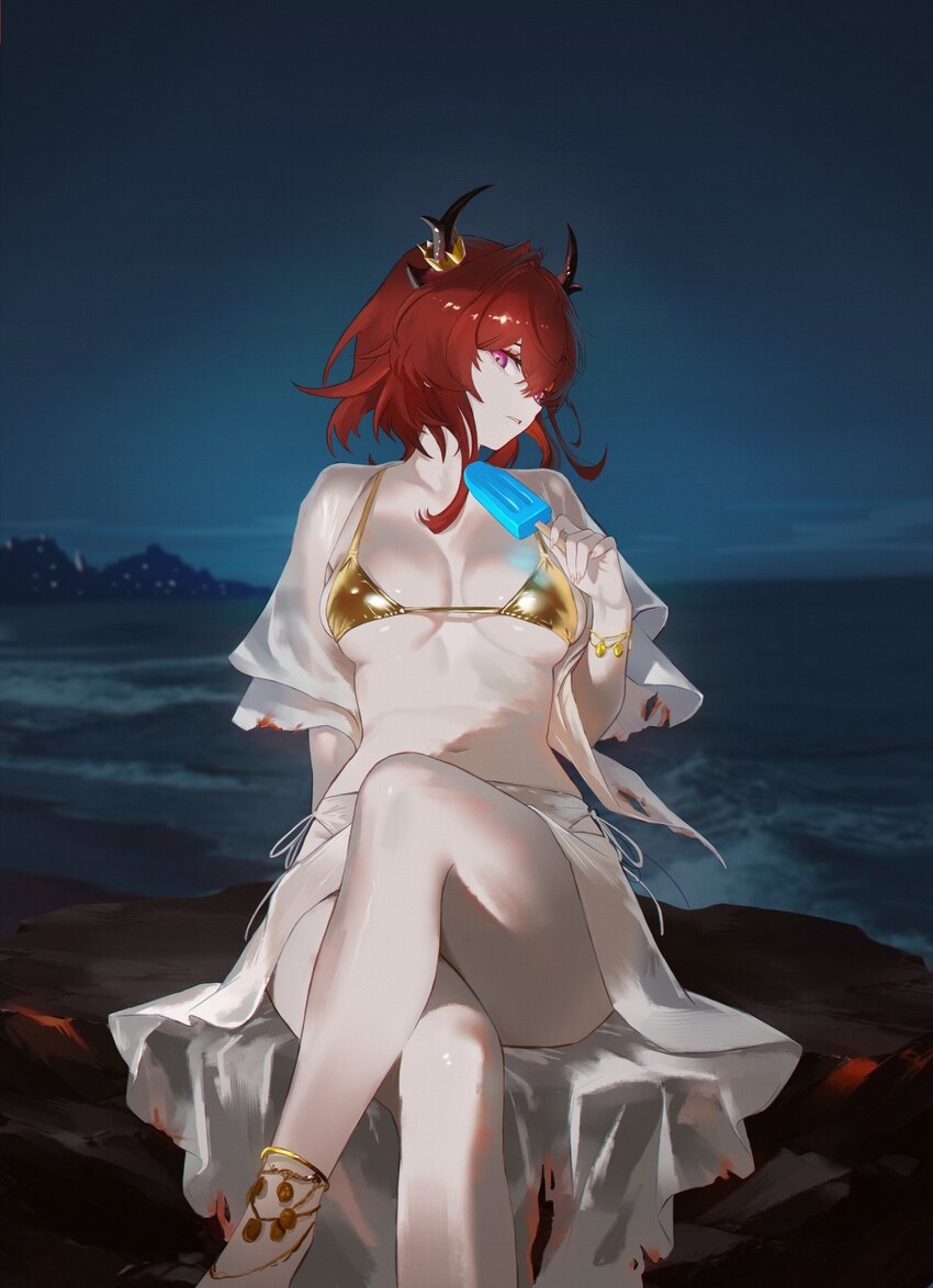 1girl absurdres alternate costume arknights arknights  endfield arm support bikini black horns bracelet breasts breasts apart commentary crossed legs…