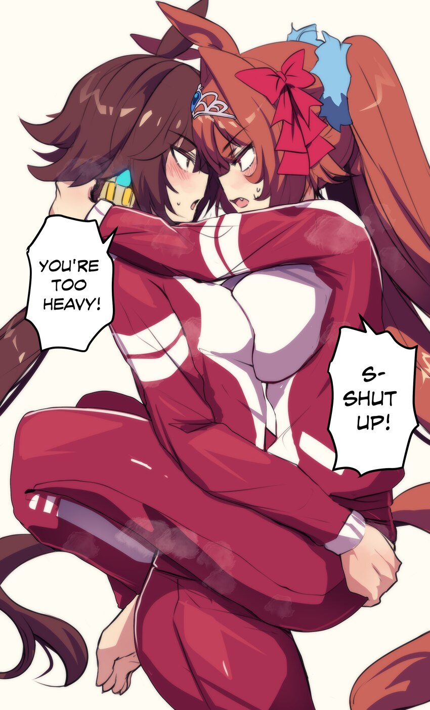 2girls absurdres animal ears arm around neck asymmetrical docking barefoot blush breast press breasts brown hair carrying carrying person commentary …