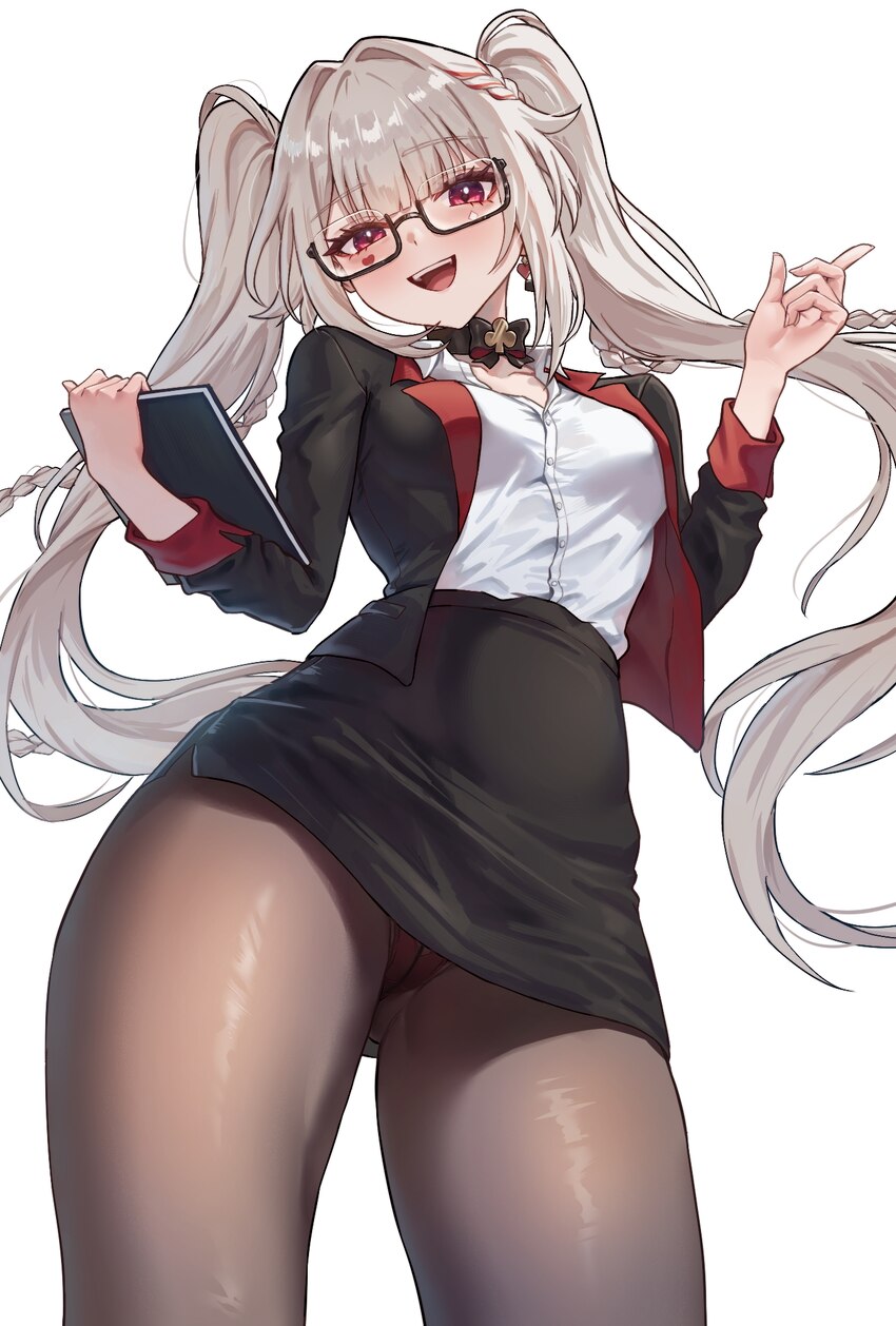 1girl black-framed eyewear black jacket black pantyhose black skirt blush breasts commentary crotch seam facial mark from below hands up heart heart …