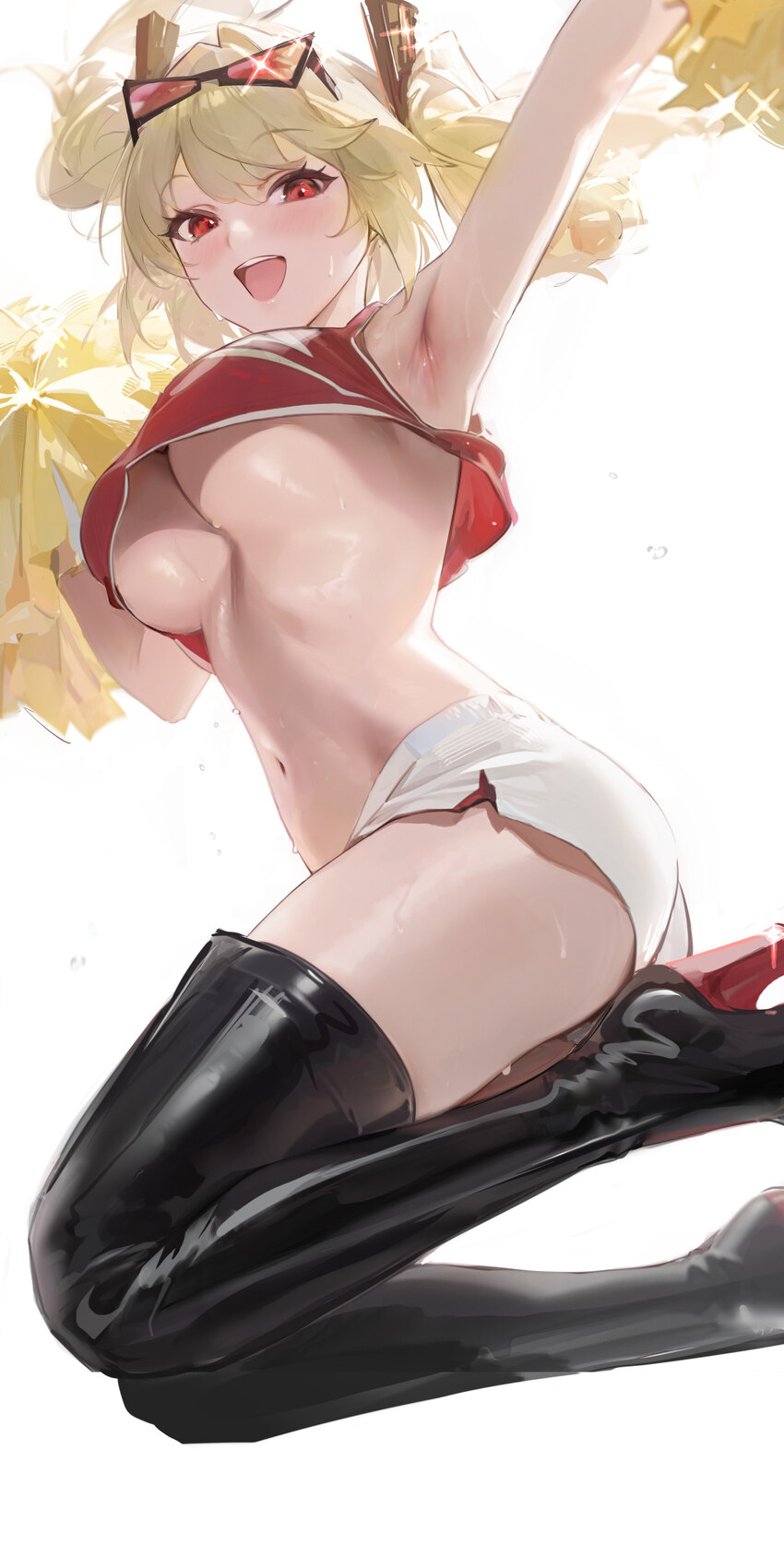 1girl absurdres alternate costume arm up armpits black boots blonde hair blush boots breasts burnice white cheerleader chinese commentary commentary …