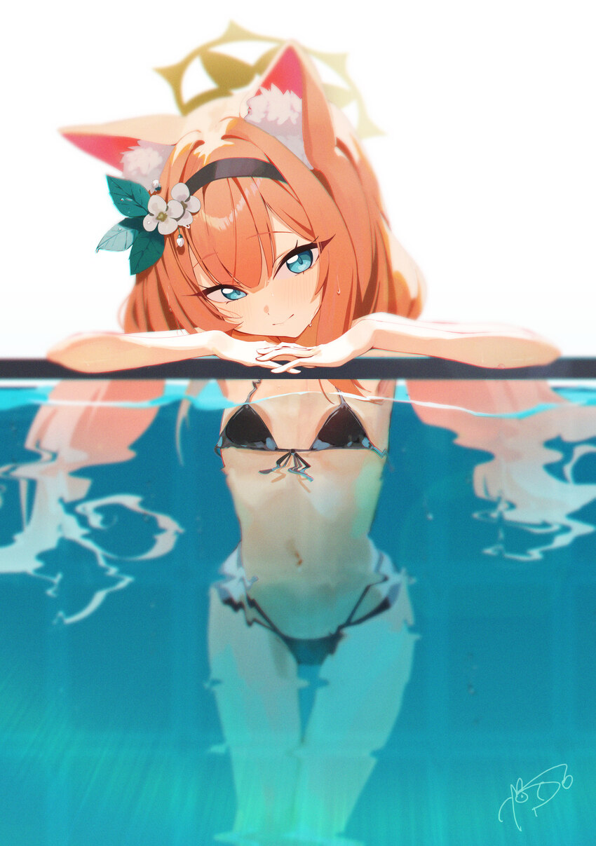 1girl against glass alternate costume animal ear fluff animal ears arm rest armpit peek bikini black bikini blue archive blush breasts cat ears cat g…