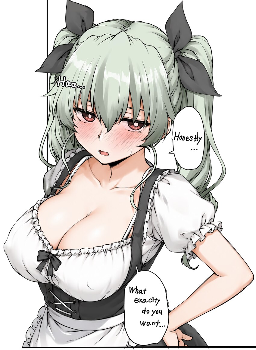 1girl anchovy (girls und panzer) apron black dress black ribbon blush bra strap breasts brown eyes cleavage collarbone commentary request covered nip…