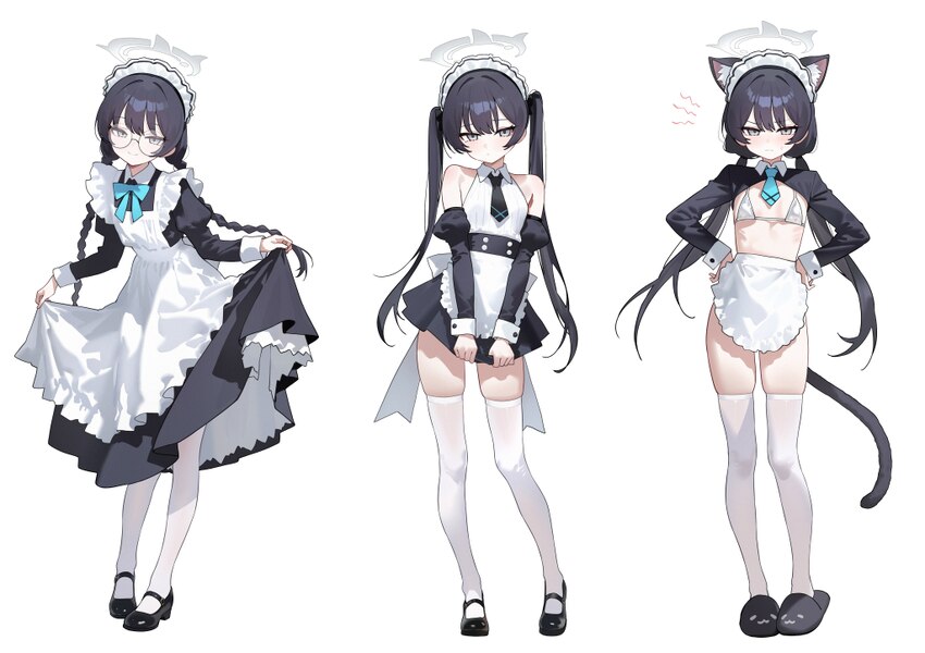 1girl absurdres alternate costume animal ears apron bare shoulders bikini bikini top only black dress black hair black necktie black shoes black skir…