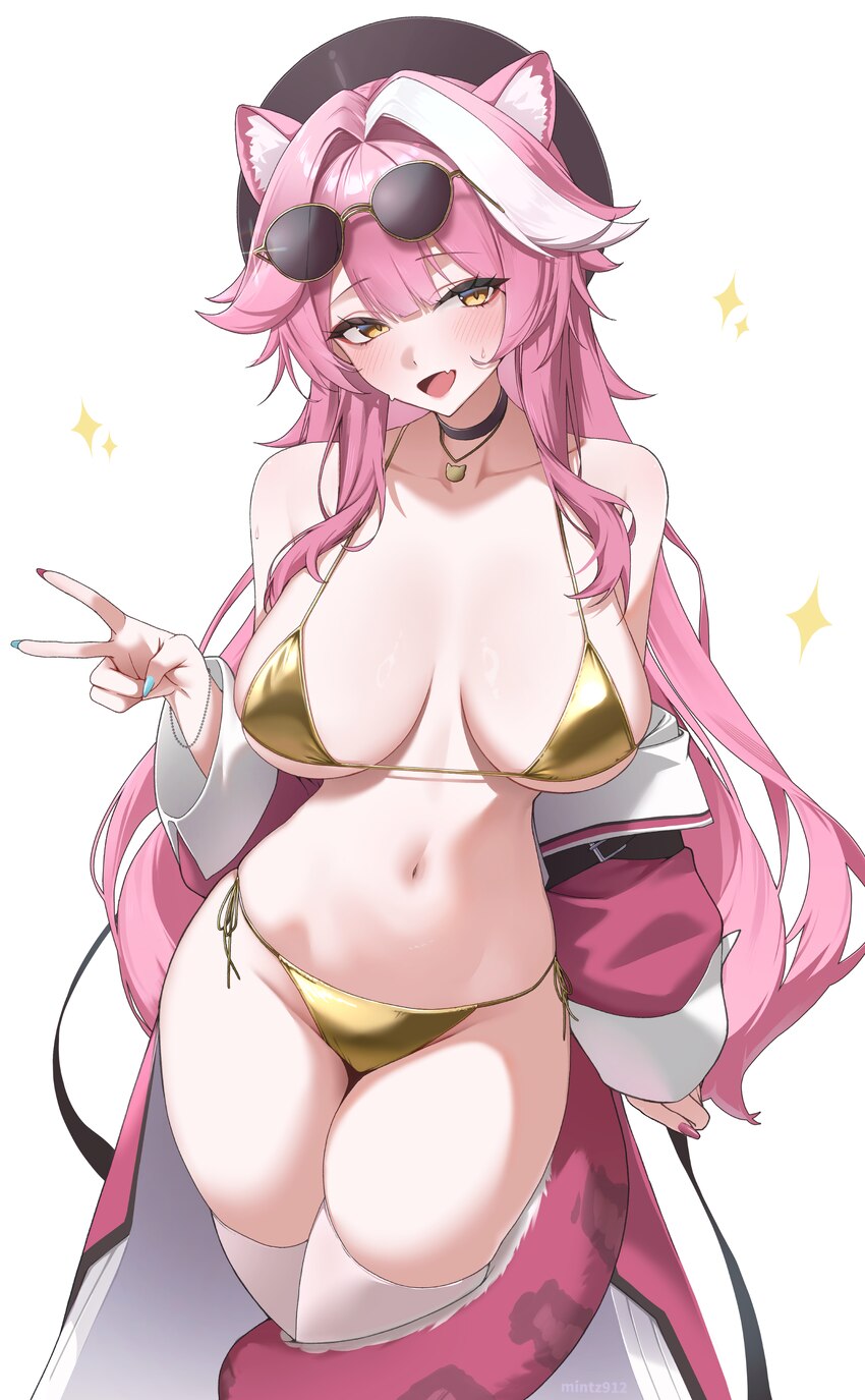 1girl  d absurdres alternate costume animal ears beret bikini black choker black hat breasts center-flap bangs choker commentary double-parted bangs …