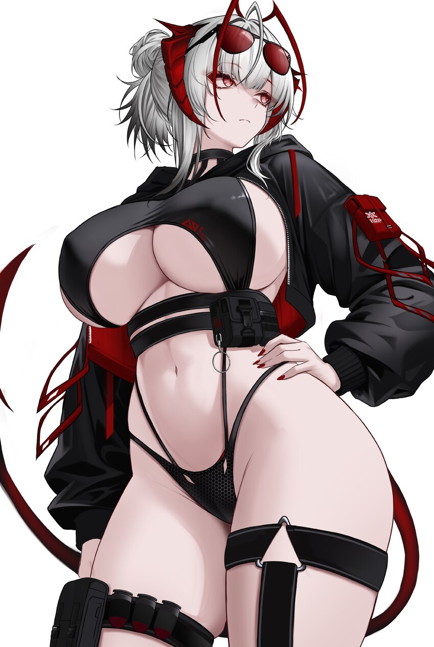 1girl 40mm grenade absurdres ammunition antenna hair arknights arm pouch bikini black bikini black hair black jacket breasts commentary request cowbo…