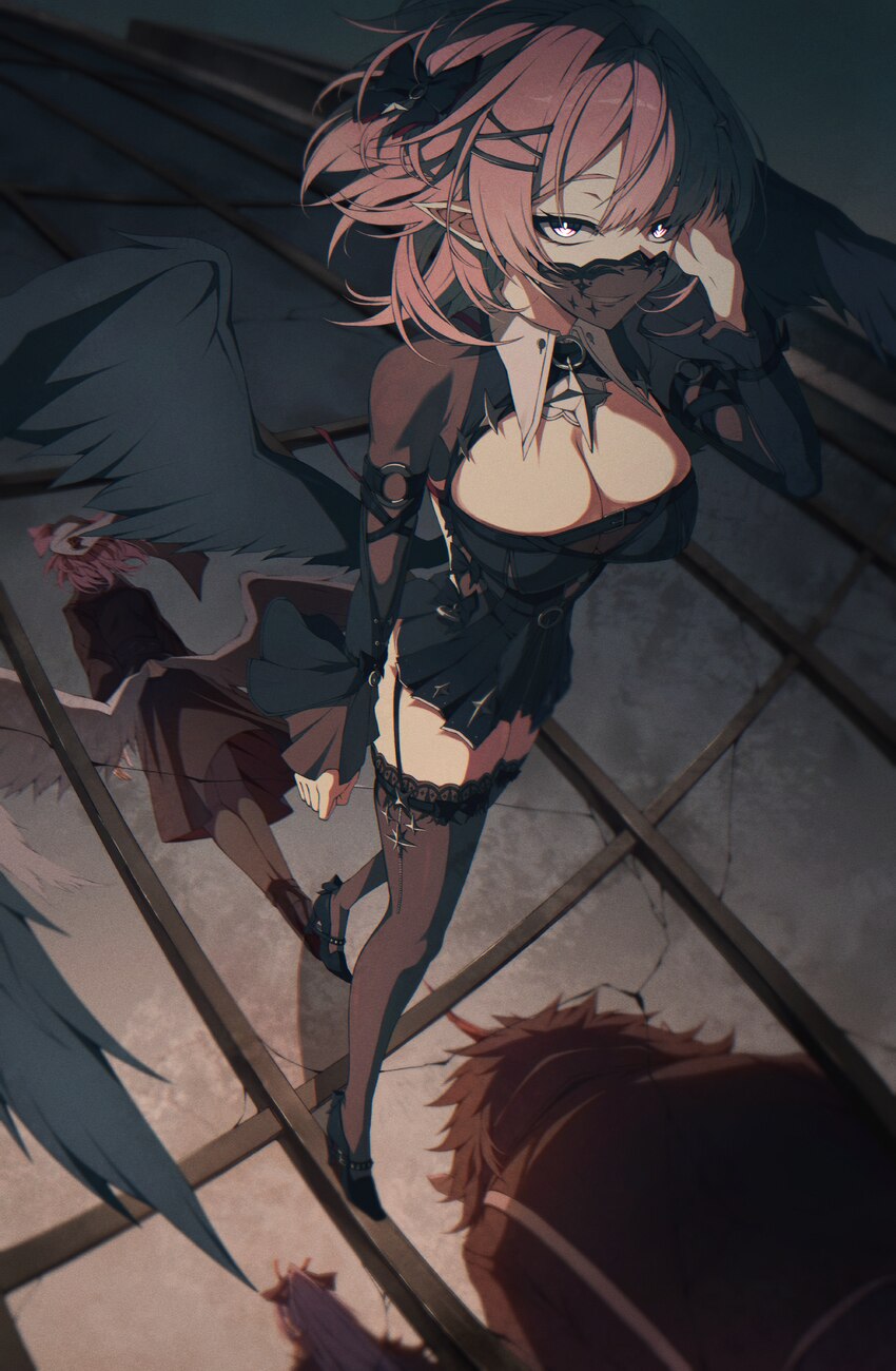 1boy 3girls absurdres beliora vike black boots black dress black shrug black thighhighs black wings boots breasts cleavage commentary different refle…