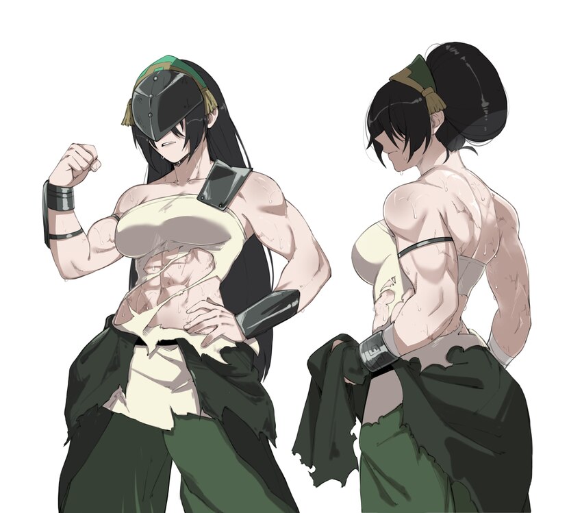 1girl abs absurdres alternate breast size (larger) arm strap avatar aang  the last airbender avatar legends black hair breasts clenched hand commenta…