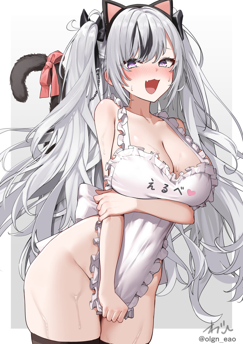 1girl animal ears apron apron tug arm support arm under breasts azur lane bare shoulders black bow black hair blue eyes blush bow breast rest breasts…