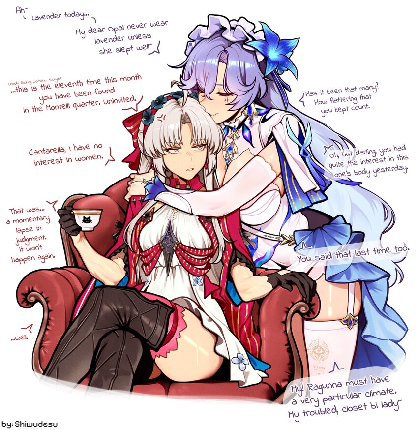 2girls absurdres ahoge anger vein artist name black boots black gloves blue flower blue hair boots bow breasts cantarella (wuthering waves) carlotta …