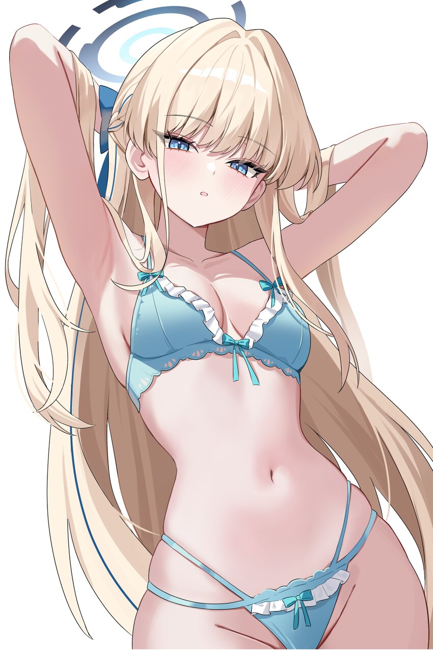 1girl absurdres armpits arms behind head arms up bare shoulders blonde hair blue archive blue bra blue eyes blue panties bow bow bra bow panties bra …