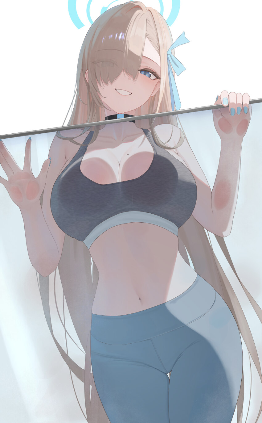 1girl absurdres against glass asuna (blue archive) asymmetrical bangs blue archive blue eyes blue halo blue nails breast press breasts breasts on gla…