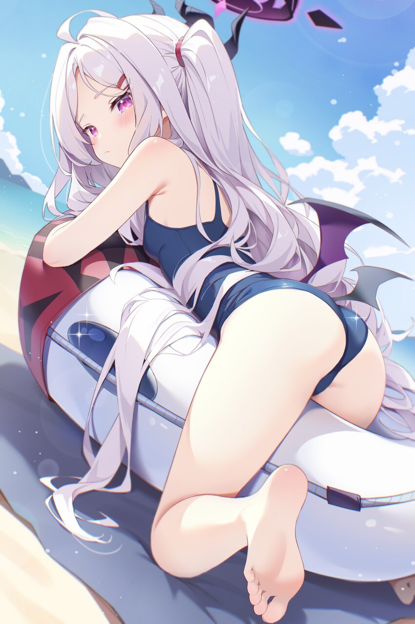 1girl absurdres ass barefoot black horns blue archive blue one-piece swimsuit blush breasts chaoji da yuwan closed mouth commentary demon girl demon …