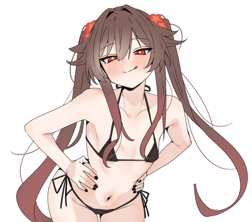 1girl absurdres bikini black bikini black nails blush breasts brown hair commentary request cowboy shot flower genshin impact hair flower hair orname…
