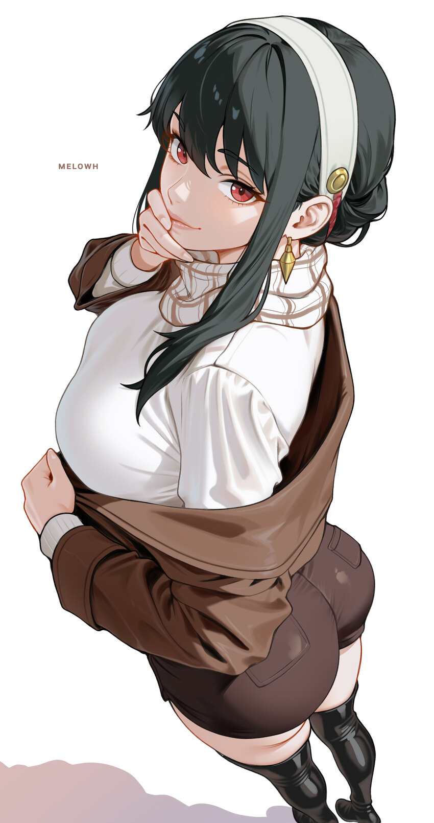 1girl absurdres artist name ass black boots black hair black thighhighs boots breasts brown coat closed mouth coat commentary earrings english commen…