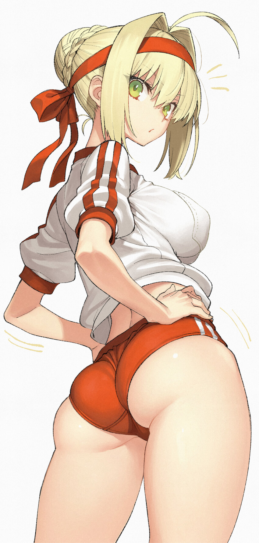 1girl absurdres ahoge ass back peek blonde hair braid braided base breasts bun with braided base buruma commentary fate/extra fate/grand order fate (…