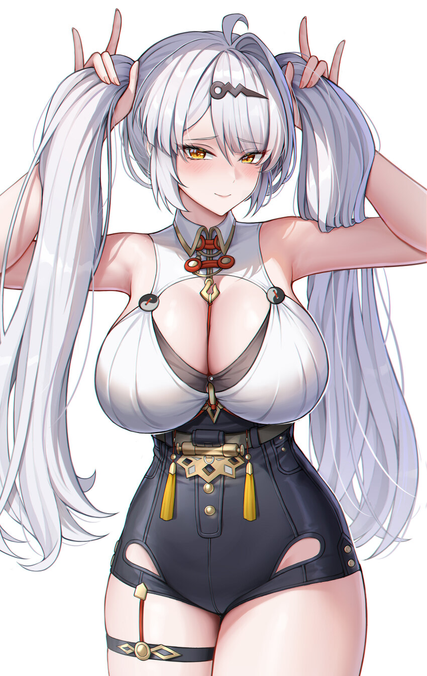 1girl absurdres ahoge alternate hairstyle black shorts breasts cleavage commentary request grabbing own hair high-waist shorts highres holding own ha…