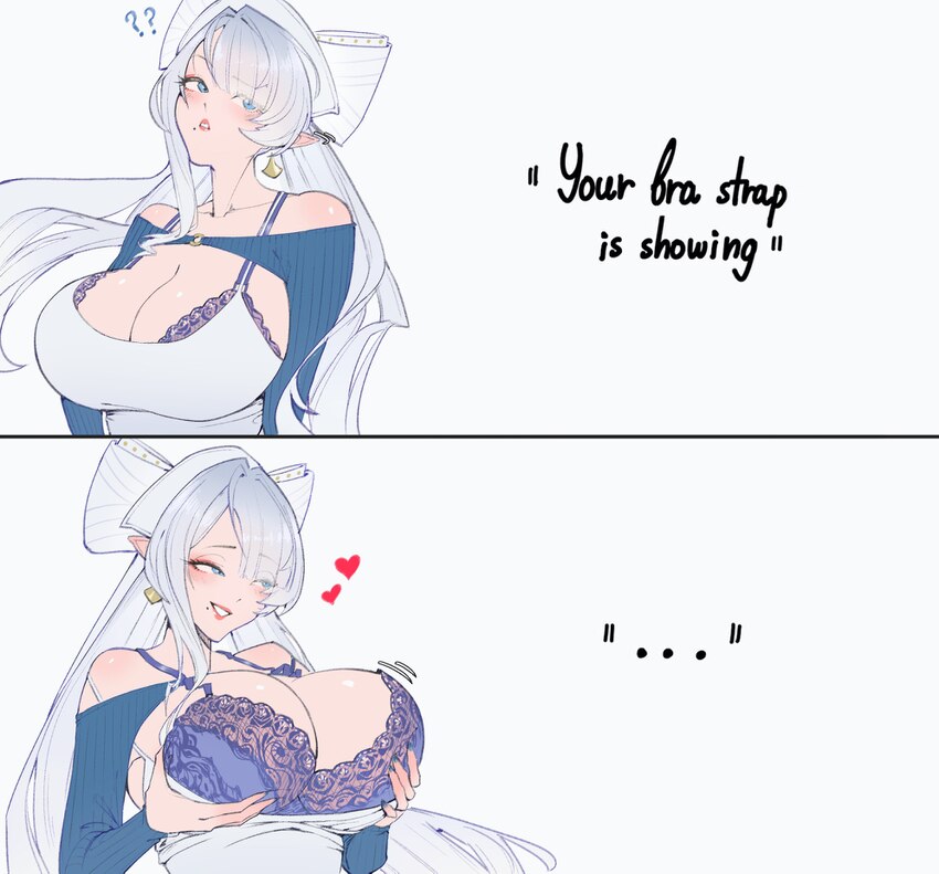... 1girl 2koma ? absurdres alternate costume blue eyes blue sleeves bow bra bra strap breast lift breasts camisole cleavage clothing cutout comic co…