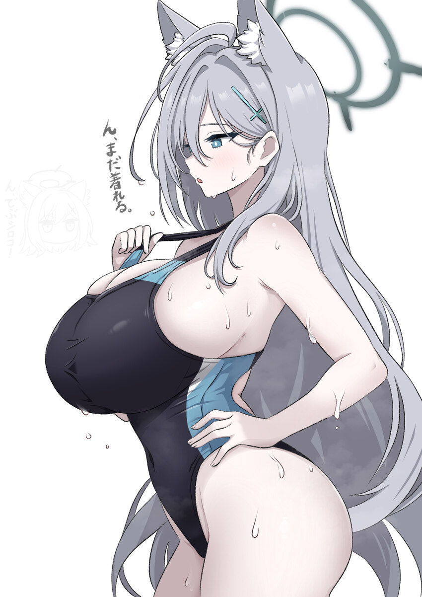 1girl absurdres alternate breast size (larger) animal ear fluff animal ears bare shoulders blue archive blue eyes breasts chibi chibi inset commentar…