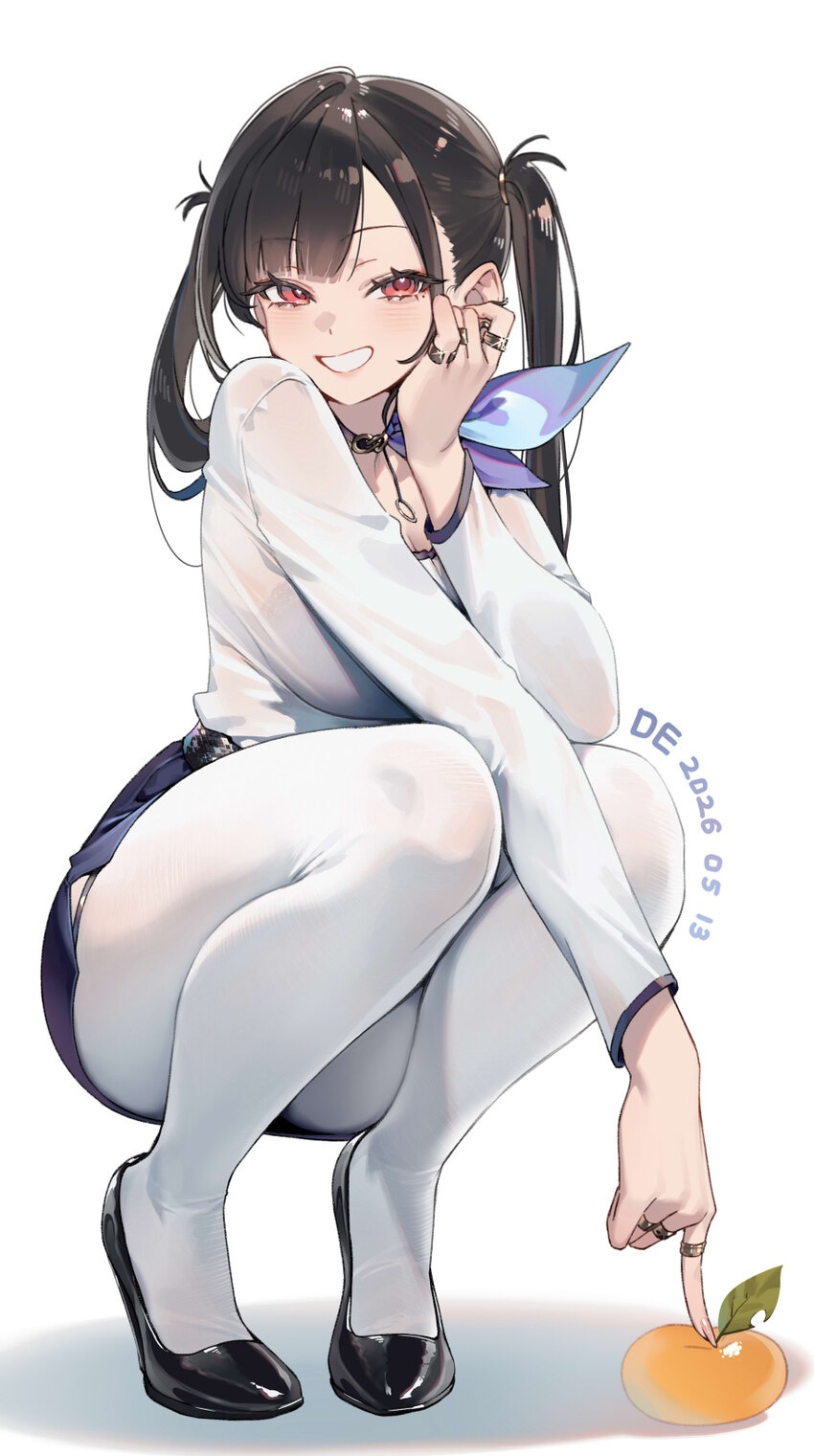 1girl absurdres artist name black hair black skirt bra visible through clothes breasts commentary dated de da xianyu food fruit goddess of victory  n…