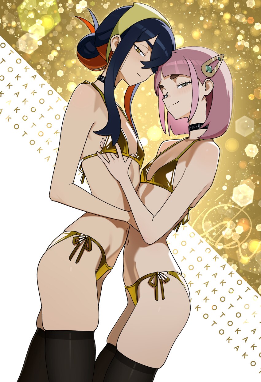 2girls absurdres arched bangs bare shoulders belly-to-belly bikini black choker black hair black thighhighs blush brown eyes carmine (pokemon) choker…