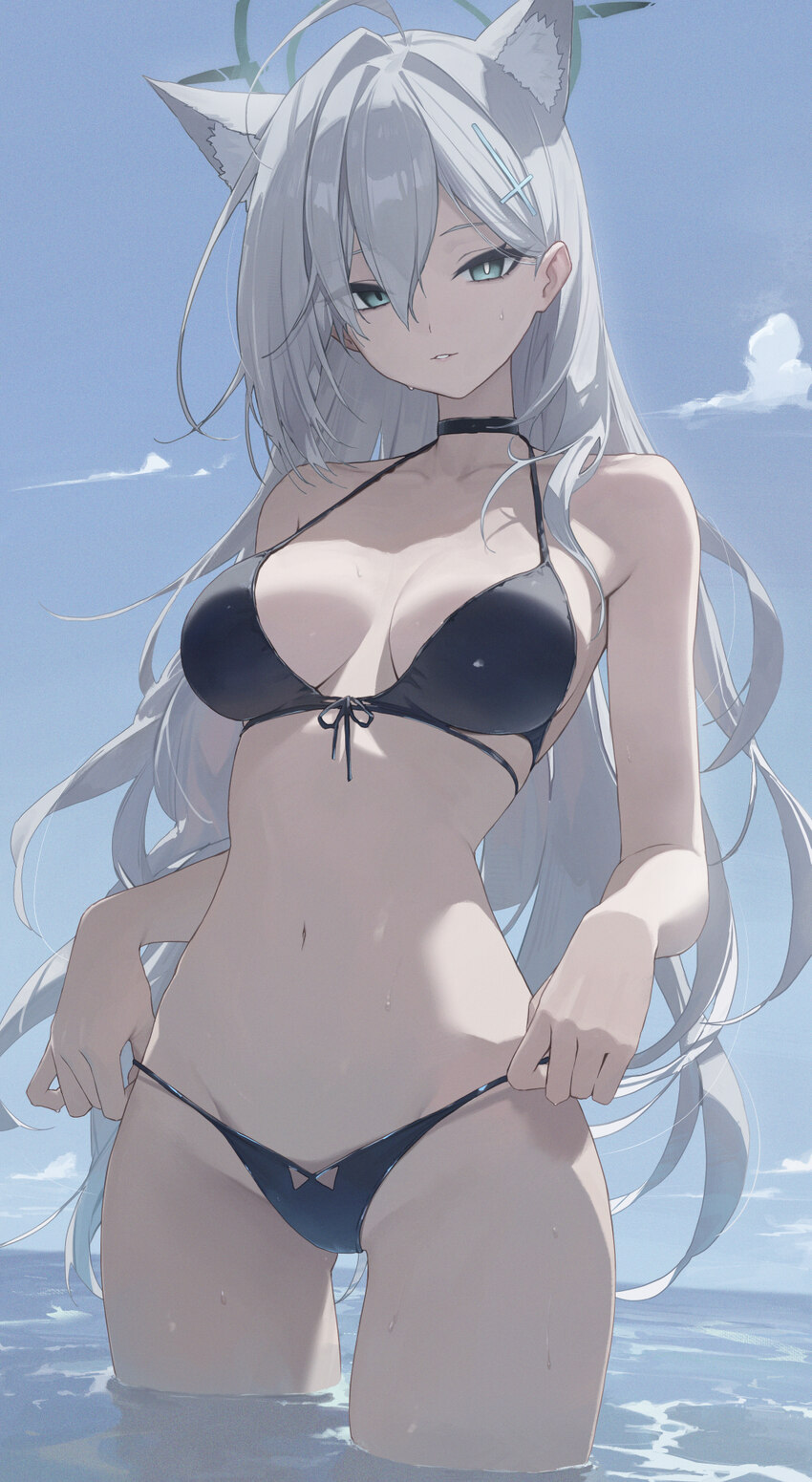 1girl absurdres ahoge alternate costume animal ear fluff animal ears bare arms bare shoulders beach bikini bikini tug black bikini blue archive blue …