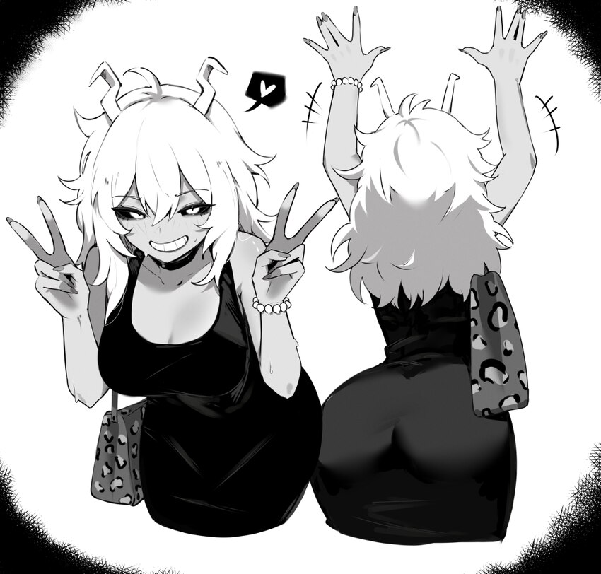 / 1girl absurdres arms up ashido mina ass bag boku no hero academia bracelet breasts channyy19 cleavage collarbone commentary cropped legs crossed ba…