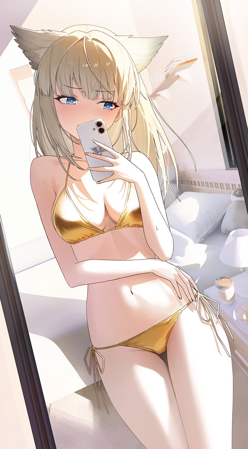 1girl absurdres alternate costume animal ears arknights arknights  endfield averting eyes bedroom bikini bird ears blonde hair blue eyes blush breast…