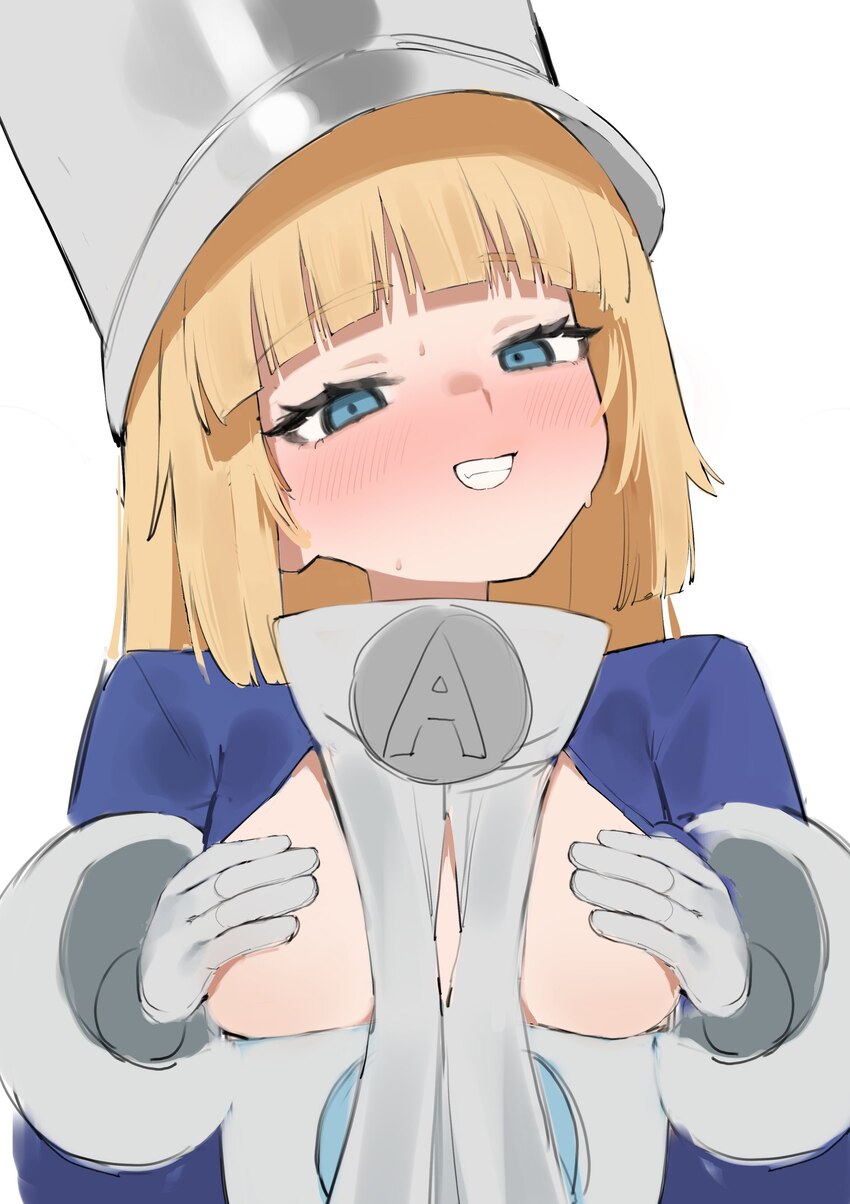 1girl blonde hair blue eyes blue jacket blush breasts commentary request covering nipples covering privates flasso gloves grey hat hat highres jacket…