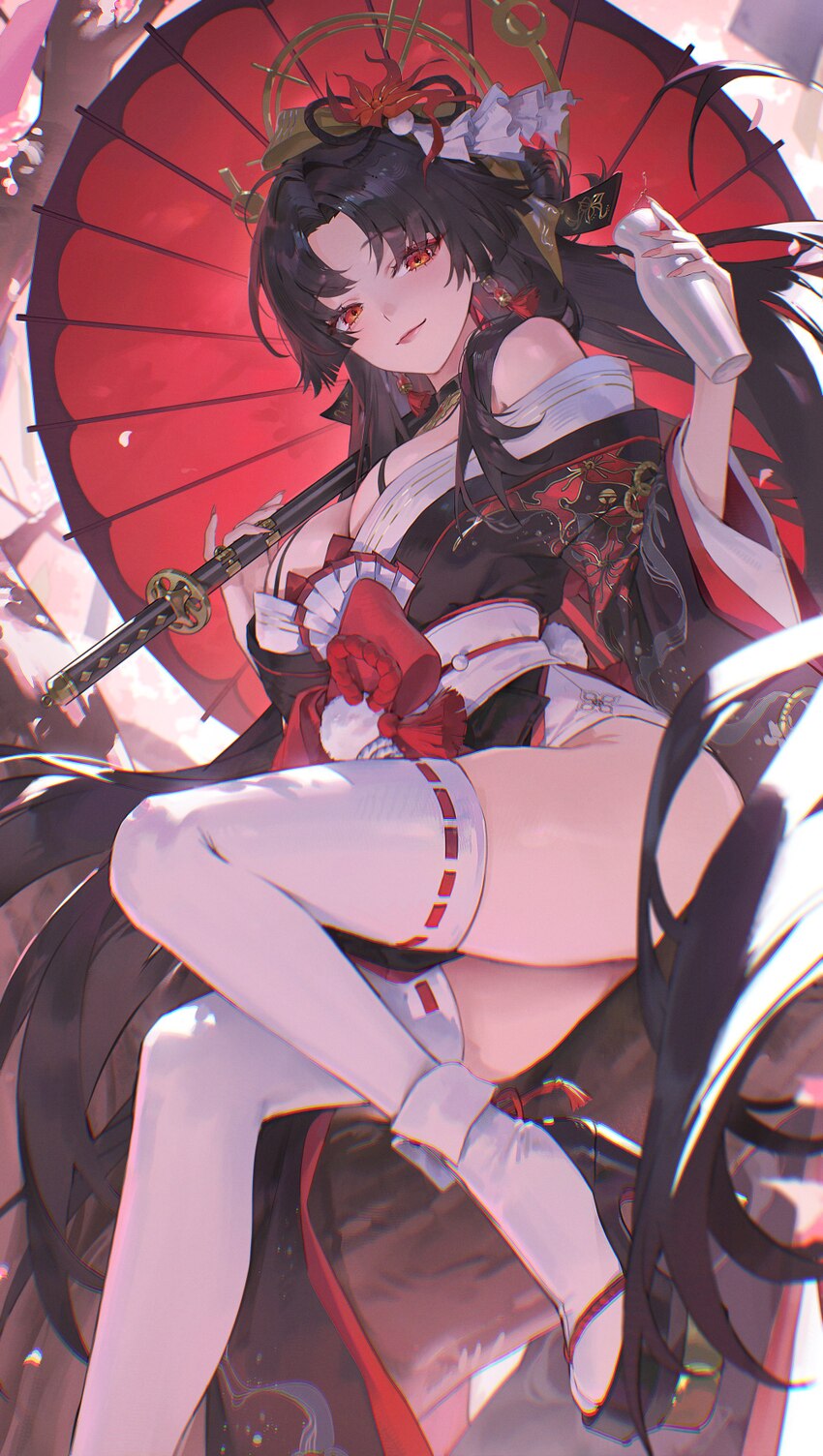 1girl absurdres bare shoulders black choker black hair black kimono bottle breasts choker cleavage commentary request earrings flower hair flower hai…