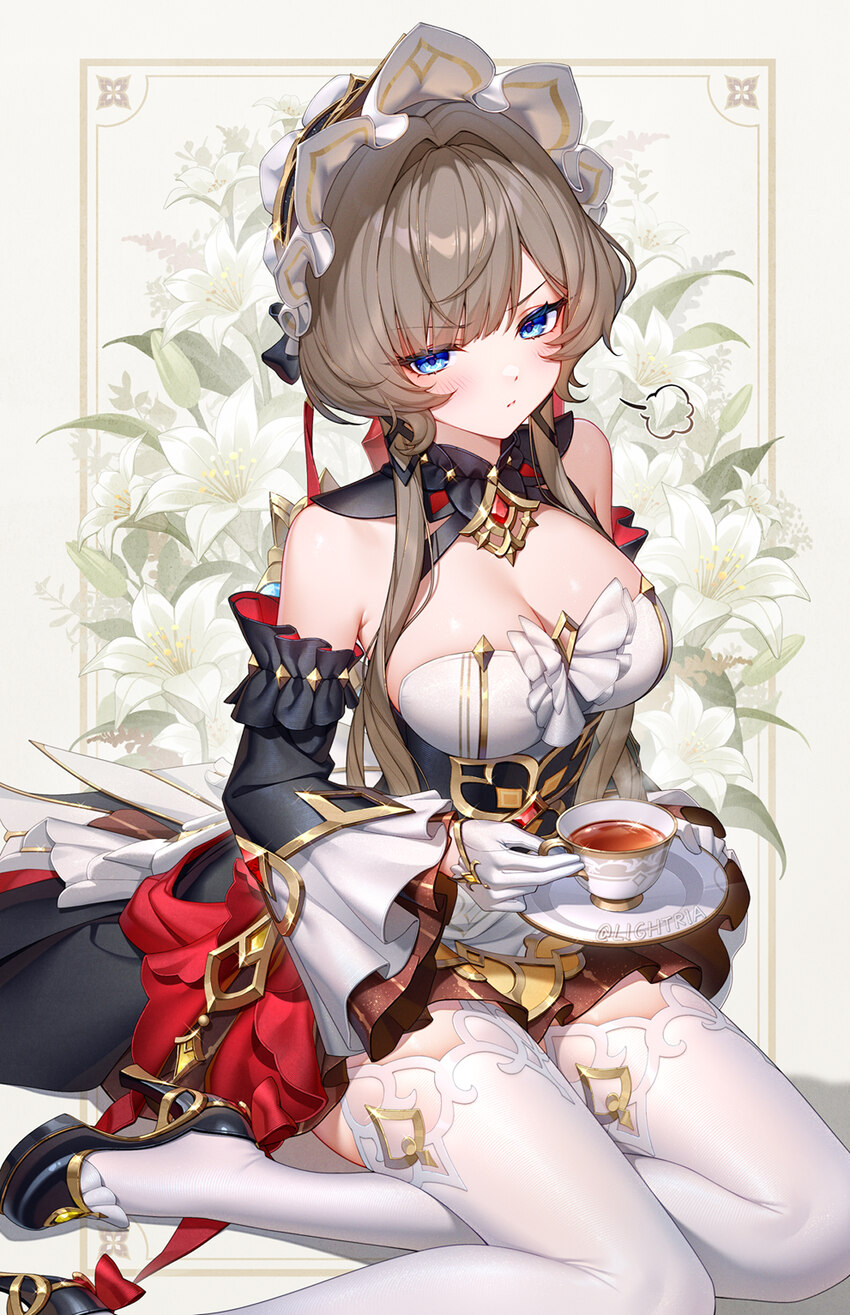 1girl bare shoulders black sleeves blue eyes bonnet breasts brown hair chinese commentary commentary request cup detached sleeves dress floral backgr…