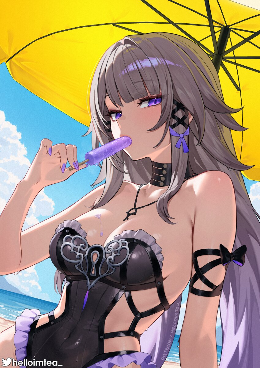1girl adapted costume arm ribbon artist name bare shoulders black choker blue sky breasts choker cleavage cloud commentary day english commentary foo…