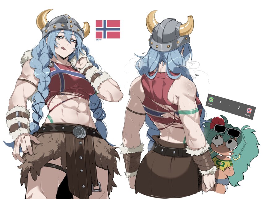 2026 fifa world cup 2girls  q abs absurdres aqua hair blue eyes blue hair braid brazil brazilian miku chibi commentary dark-skinned female dark skin …