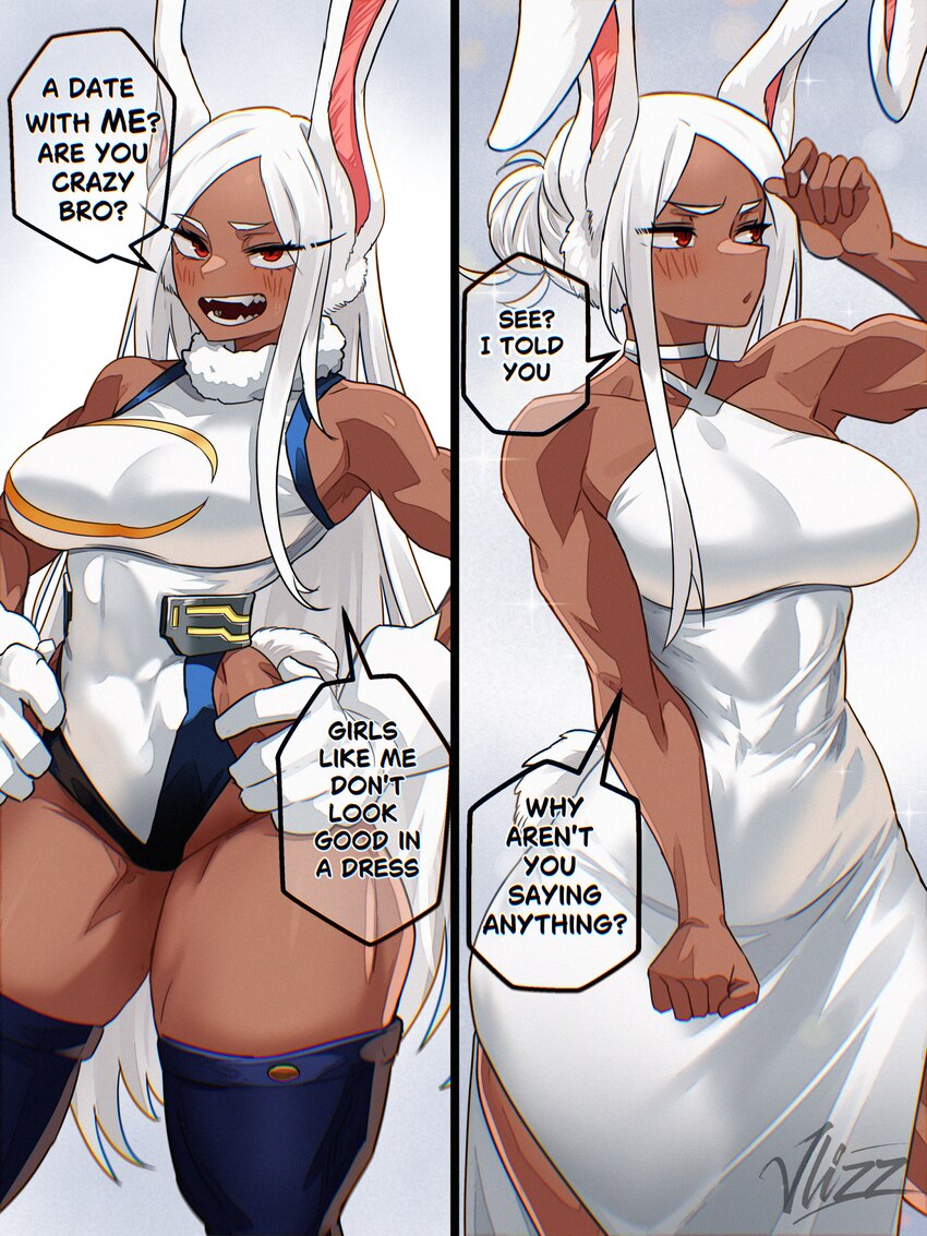 1girl absurdres adjusting hair alternate hairstyle animal ears artist name averting eyes bare arms bare shoulders blush boku no hero academia breasts…
