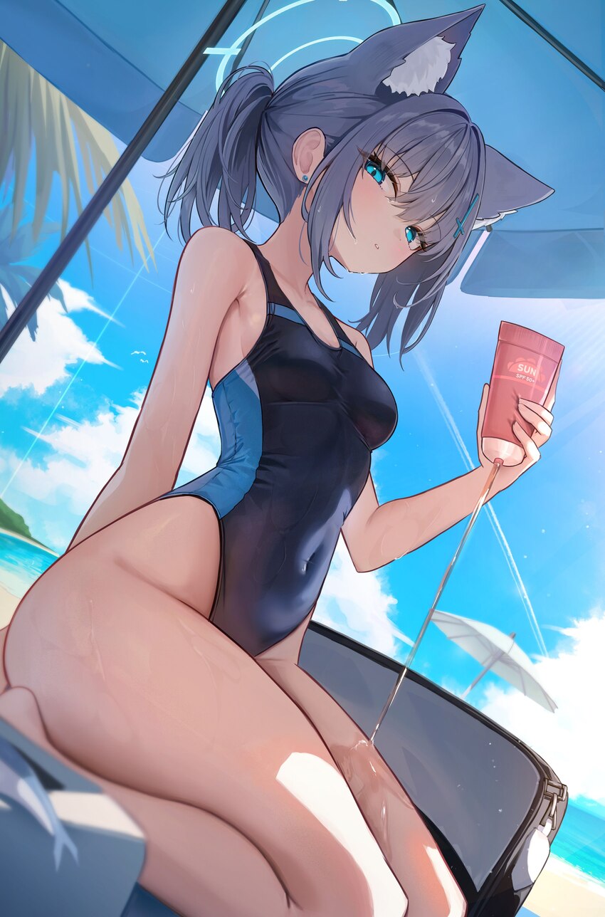 1girl absurdres animal ear fluff animal ears beach beach umbrella blue archive blue eyes blue sky breasts commentary competition swimsuit covered nav…
