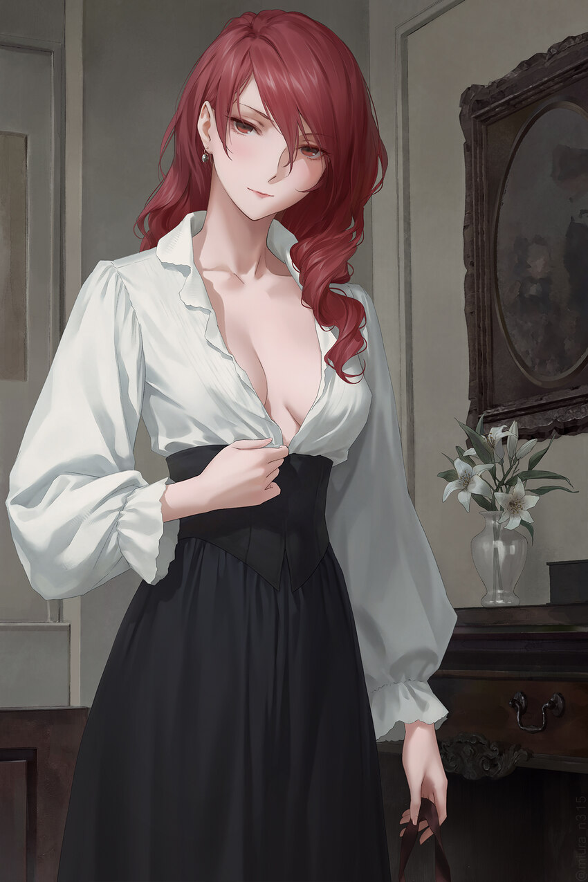1girl black skirt blush breasts brown eyes collarbone commentary earrings frilled sleeves frills head tilt high-waist skirt highres jewelry kirijou m…