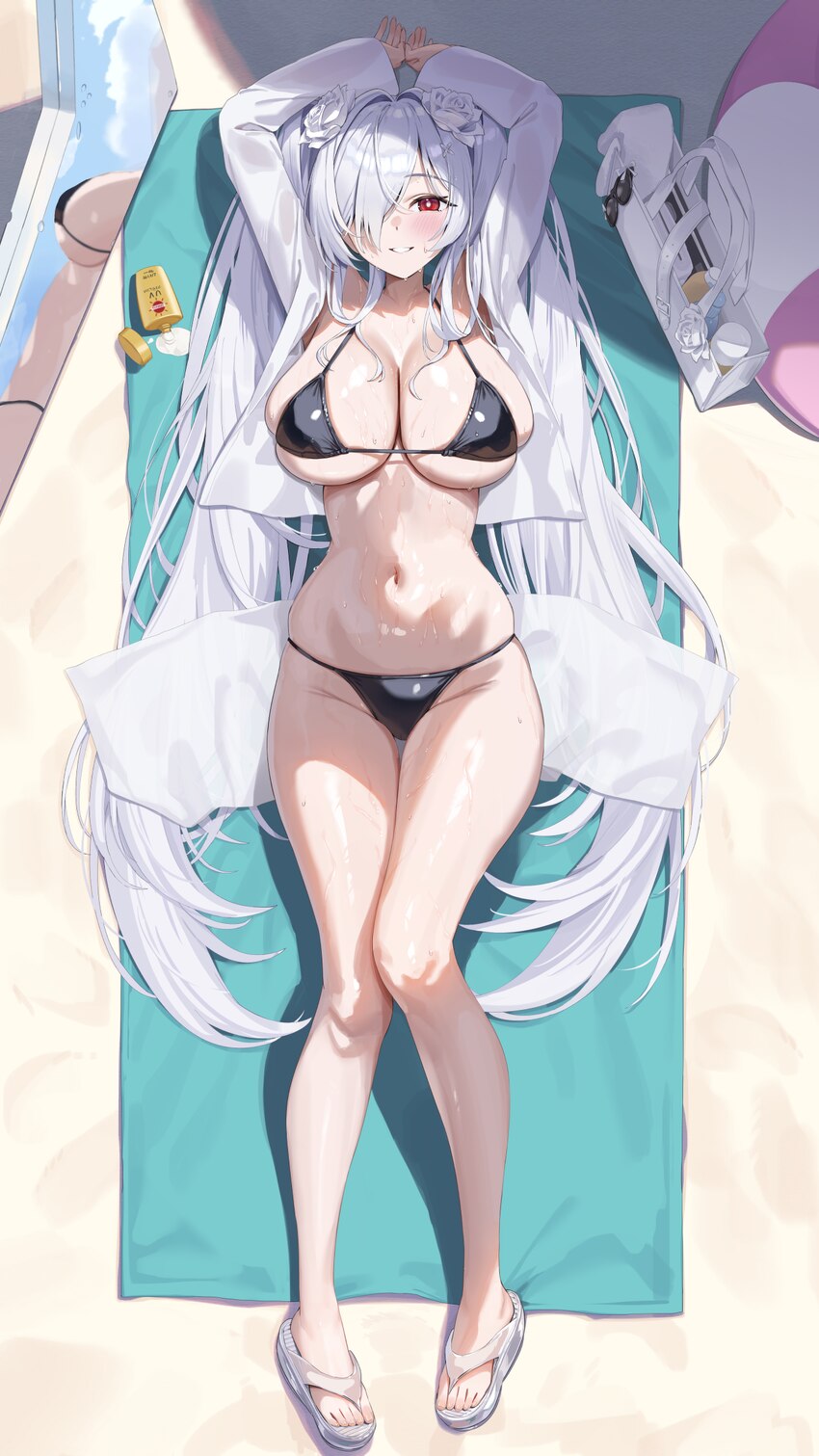 1girl alternate color arms up bag ball beach towel beachball bikini black bikini blush breasts cinderella (crystal wave) (nikke) cinderella (nikke) c…