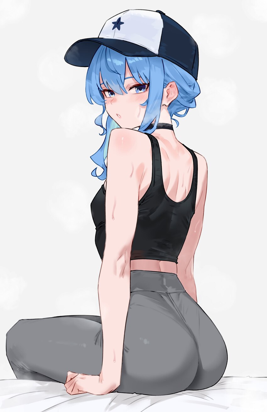 1girl absurdres alternate costume ass bare arms baseball cap black choker black tank top blue eyes blue hair blue hat bluefield breasts choker commen…