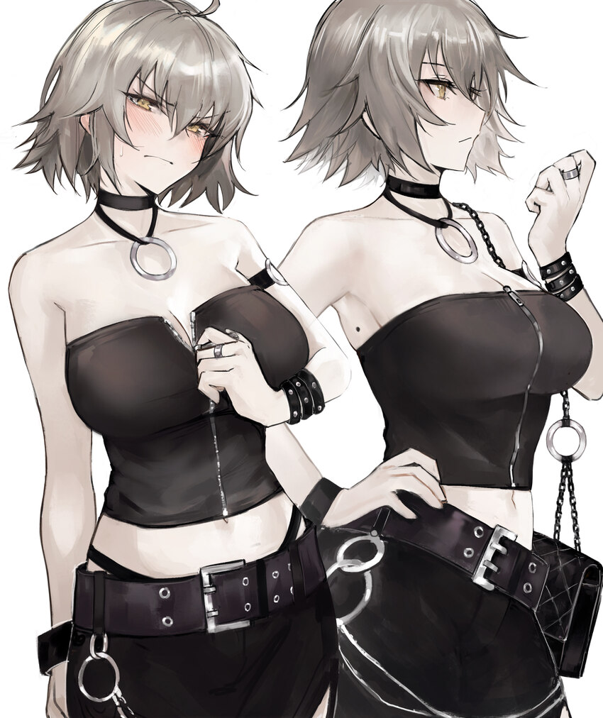 1girl absurdres ahoge bag bare shoulders belt black tube top blush bracelet breasts chain choker cleavage commentary crop top fate/grand order fate (…