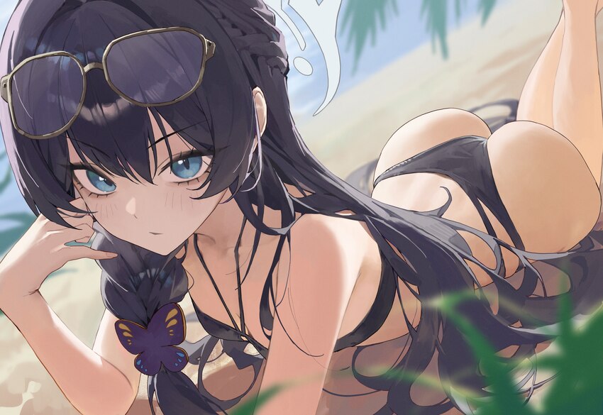 1girl ass beach bikini black bikini black hair blue archive blue eyes blurry blush braid breasts closed mouth commentary eyewear on head hair ornamen…