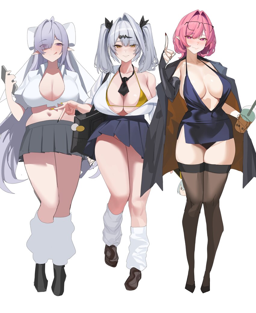 3girls absurdres ahoge alt text alternate costume black jacket blush breasts cleavage dress english commentary full body gong dol hong grey hair gyar…