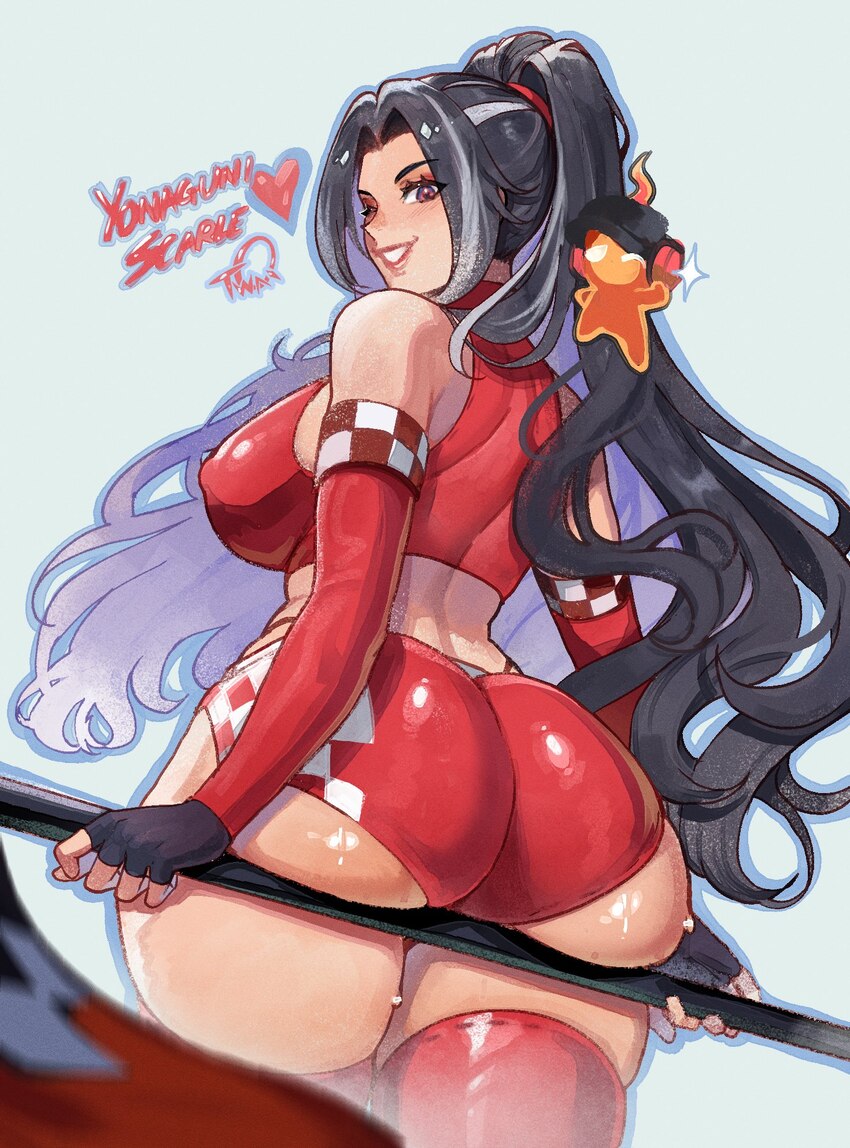 1girl ass ass focus black gloves black hair blush breasts checkered print commentary covered nipples elbow gloves english commentary fingerless glove…