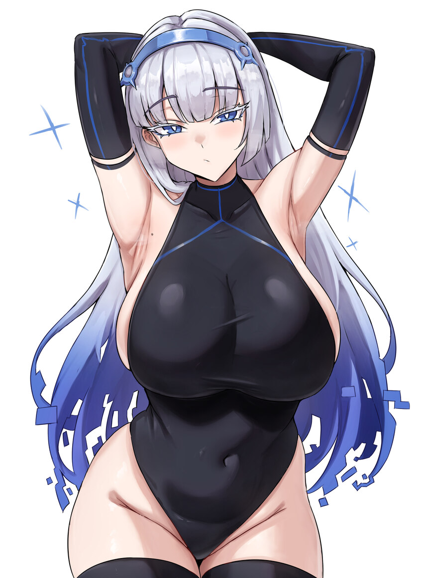 1girl armpits arms up black leotard black sleeves black thighhighs blue hairband breasts closed mouth collarbone colored eyelashes commentary covered…