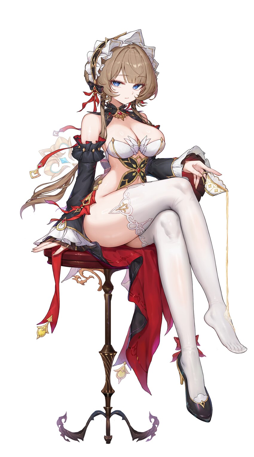 1girl absurdres adapted costume armpit crease bare shoulders black shoes blue eyes breasts brown hair cleavage closed mouth commentary crossed legs c…