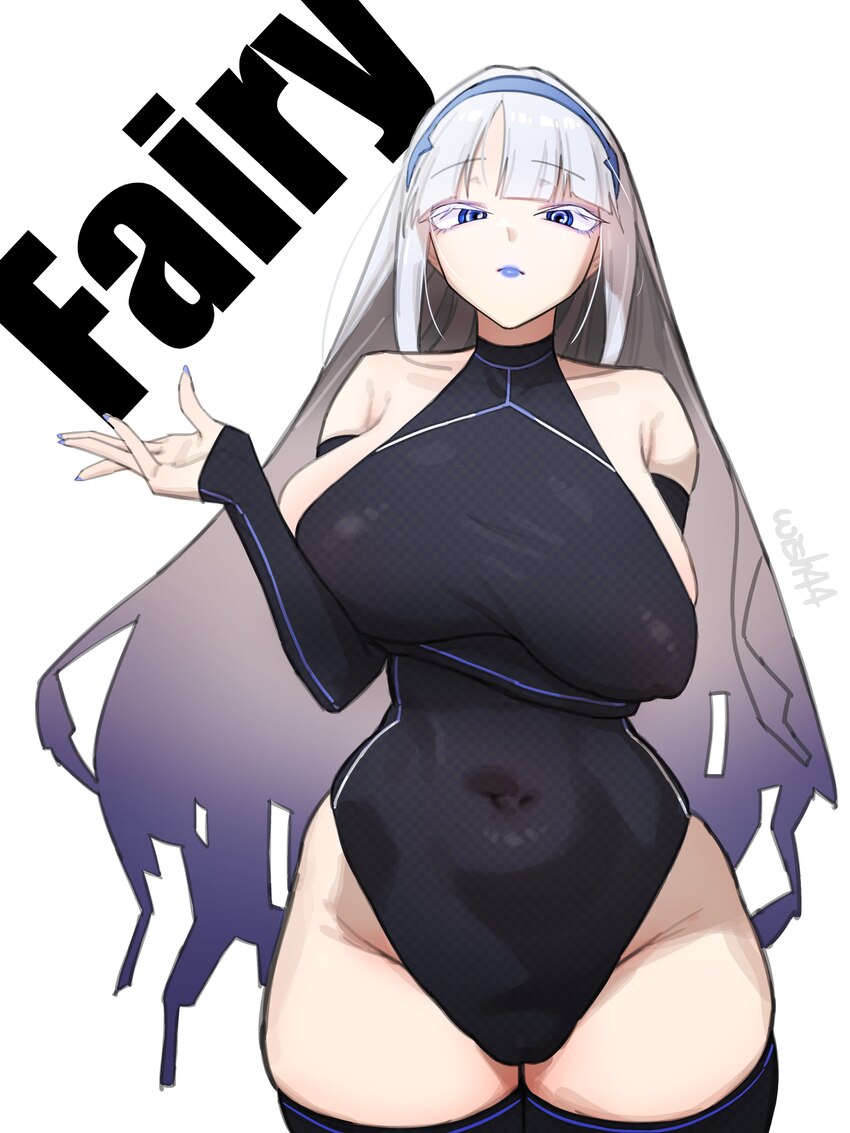 1girl absurdres arm under breasts black leotard black thighhighs blue eyes blue lips blue nails breasts character name collarbone commentary request …