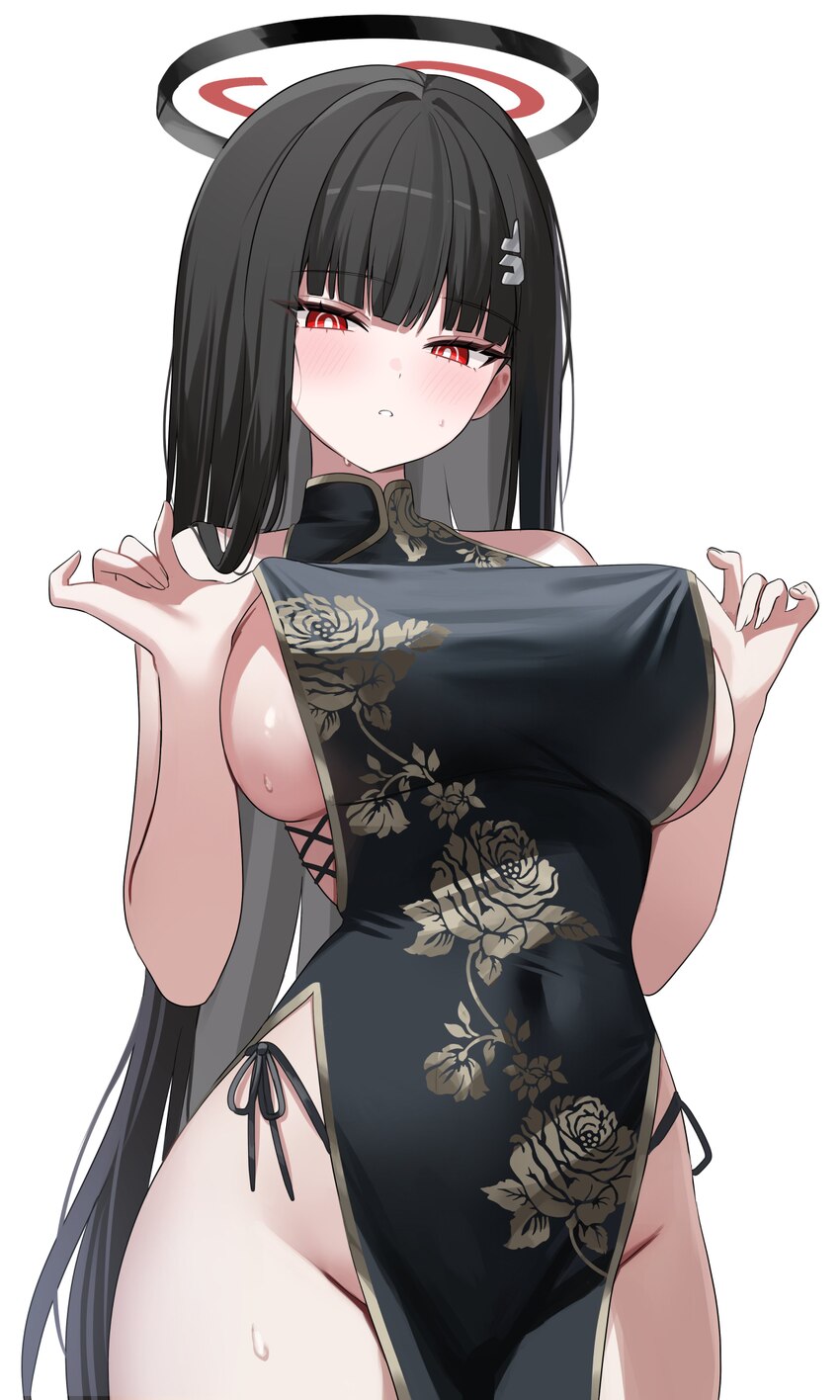 1girl absurdres black hair blue archive blush breasts bright pupils chinese clothes commentary covered navel dress floral print floral print dress gr…