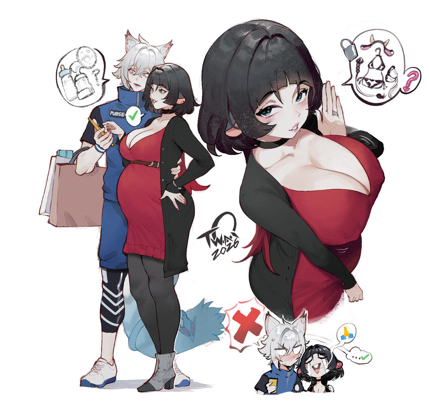 1boy 1girl animal ears bag big belly black hair black pantyhose breasts buck teeth chibi chibi inset cleavage commentary couple covered nipples cryin…