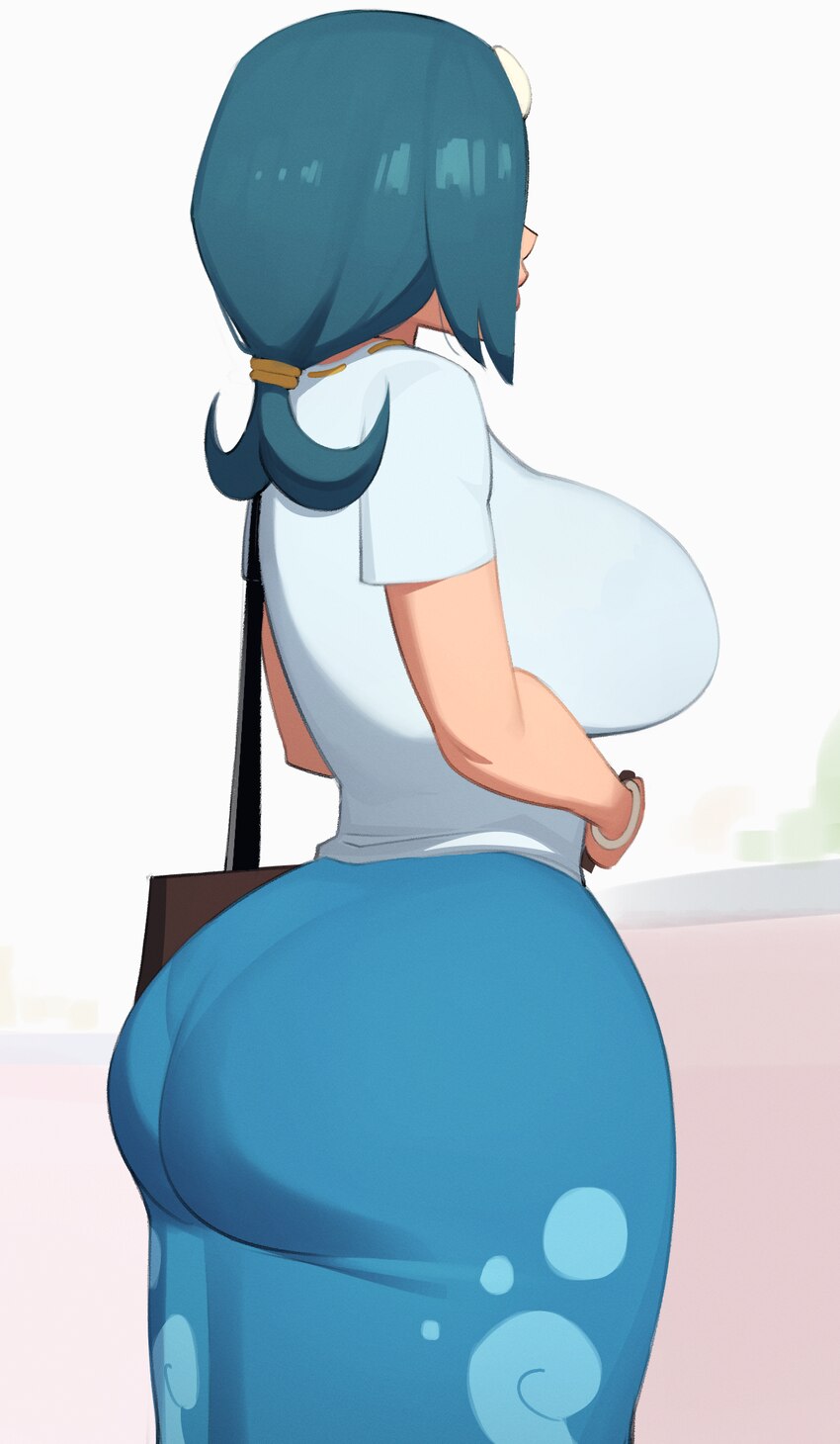 1girl alternate ass size (larger) alternate breast size (larger) ass bag blue hair blue skirt bracelet breasts curvy highres huge ass huge breasts je…